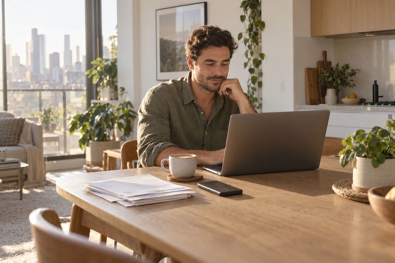 A man at a kitchen table in morning light, looking over his laptop beside a coffee and a few papers.